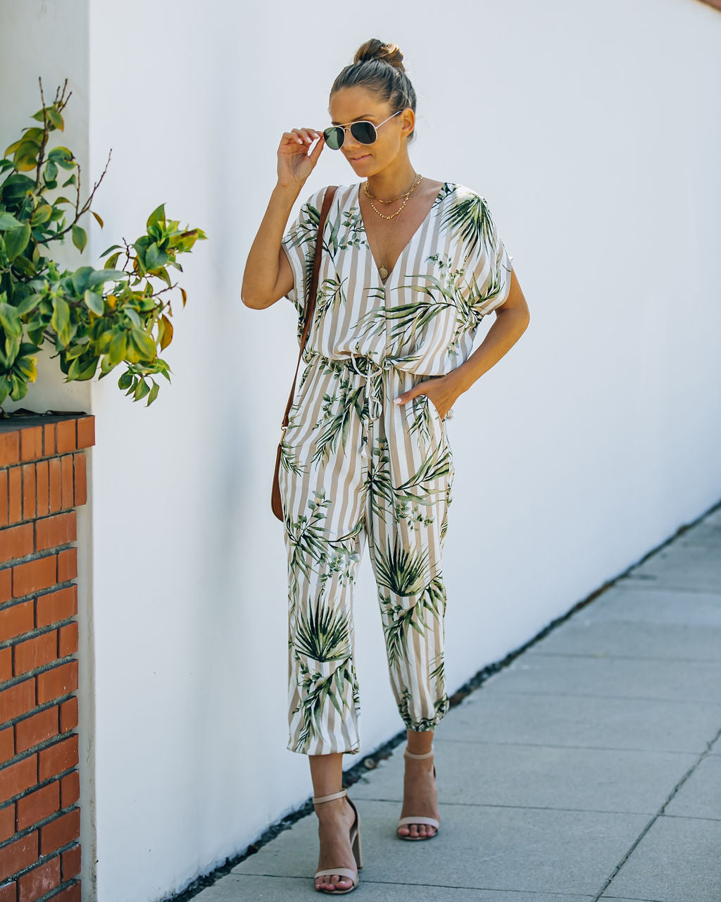 Sunset View Pocketed Palm Print Striped Jumpsuit - Taupe