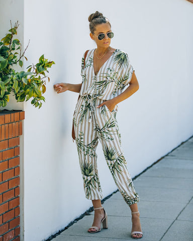 Sunset View Pocketed Palm Print Striped Jumpsuit - Taupe