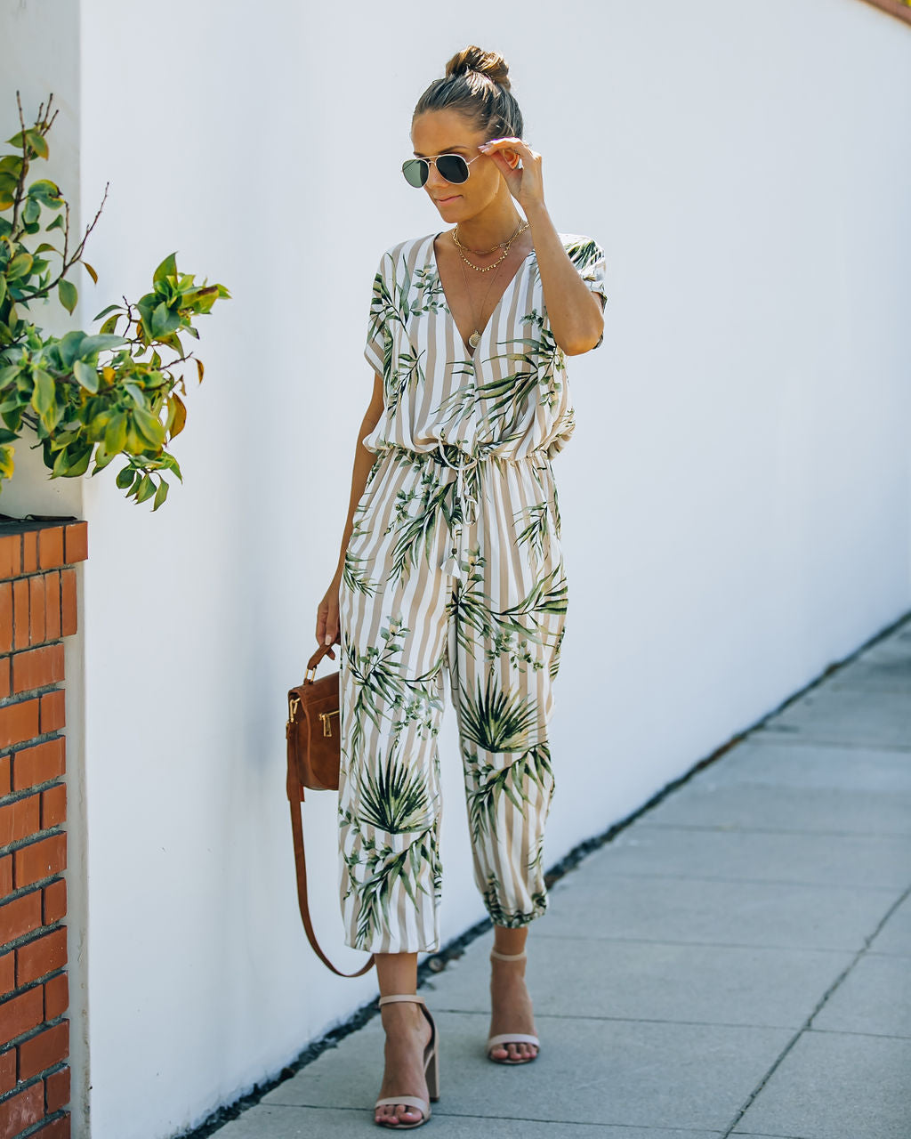 Sunset View Pocketed Palm Print Striped Jumpsuit - Taupe