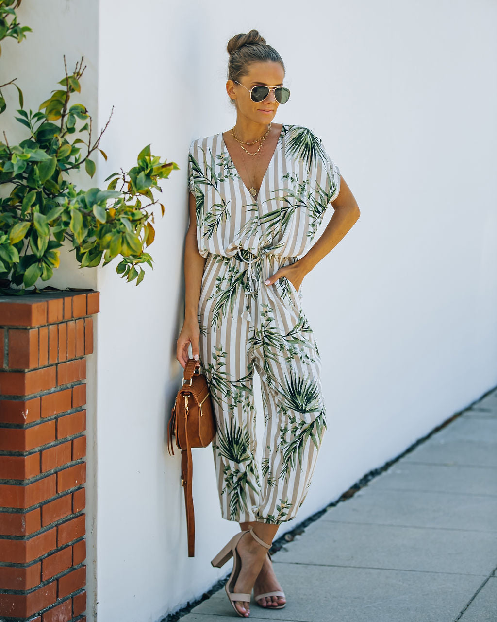 Sunset View Pocketed Palm Print Striped Jumpsuit - Taupe