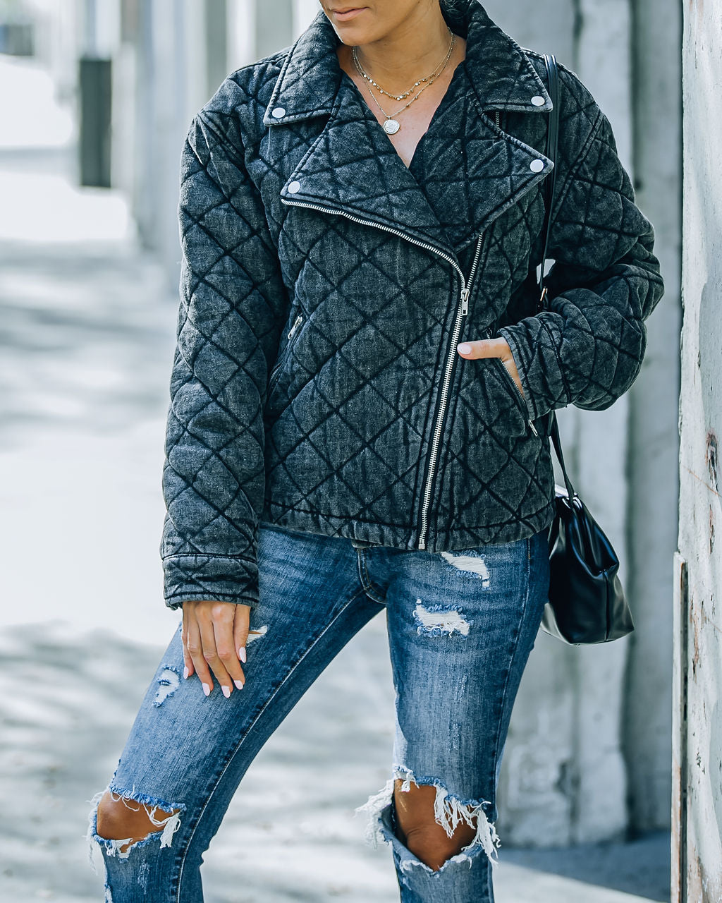 Storm Pocketed Quilted Denim Moto Jacket - Faded Black