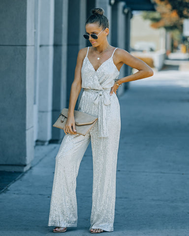 Pocketed champagne sequin jumpsuit on sale