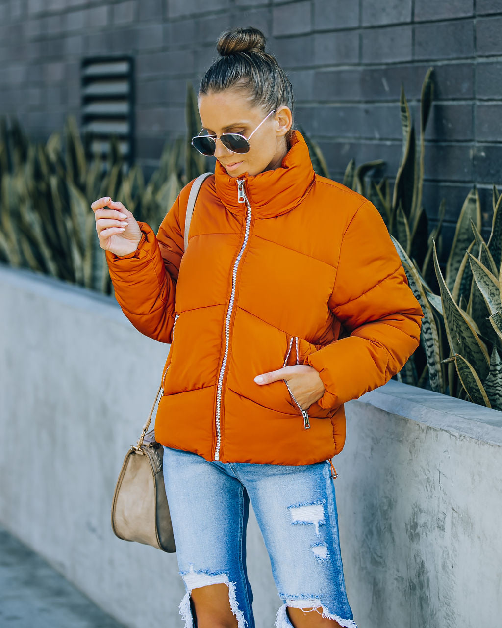 Sugar Bowl Pocketed Puffer Jacket - Burnt Orange