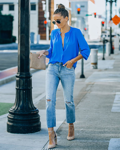 To The Fullest Split Neck Blouse - Royal Blue