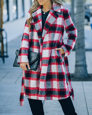 Wishful Winter Pocketed Plaid Coat - Red