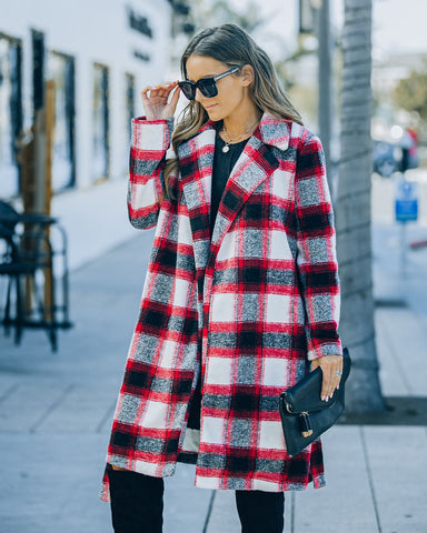 Wishful Winter Pocketed Plaid Coat - Red