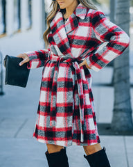 Wishful Winter Pocketed Plaid Coat - Red