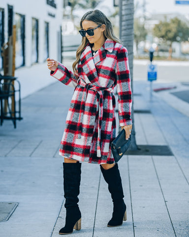 Wishful Winter Pocketed Plaid Coat - Red