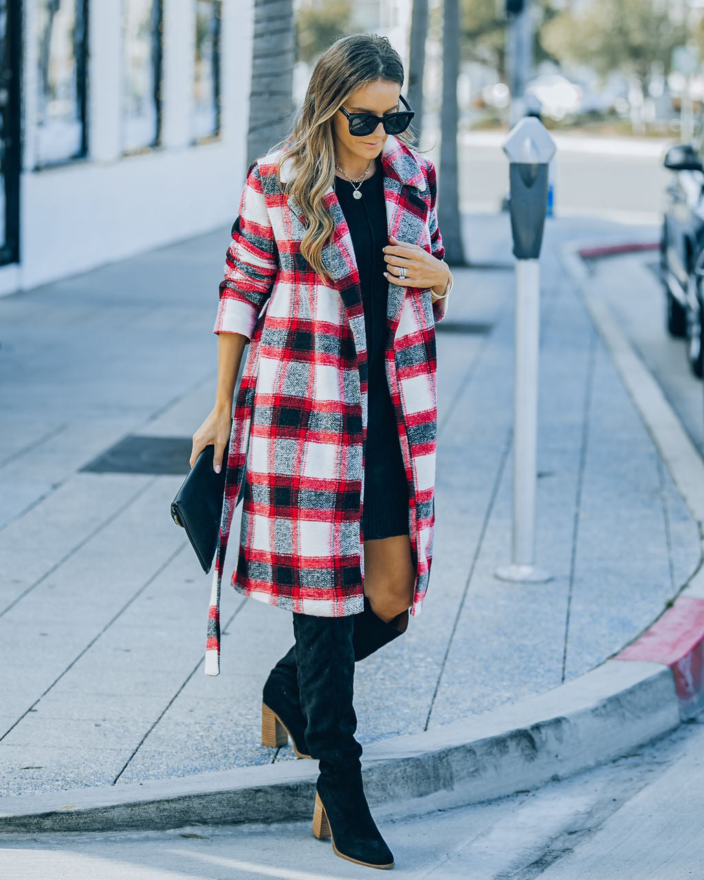 Wishful Winter Pocketed Plaid Coat - Red