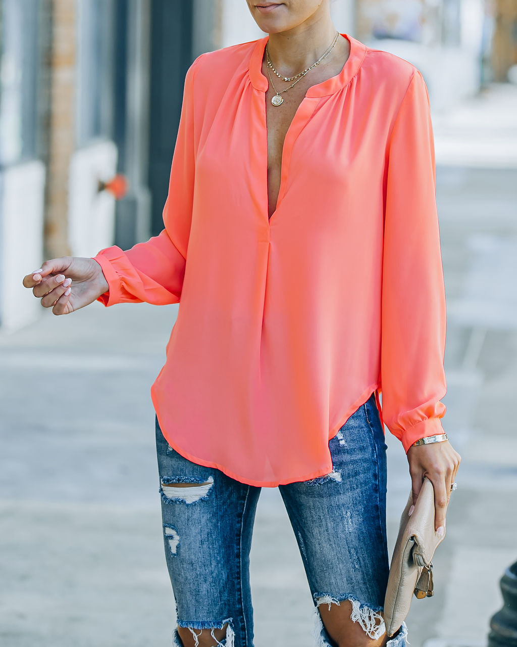 To The Fullest Split Neck Blouse - Coral