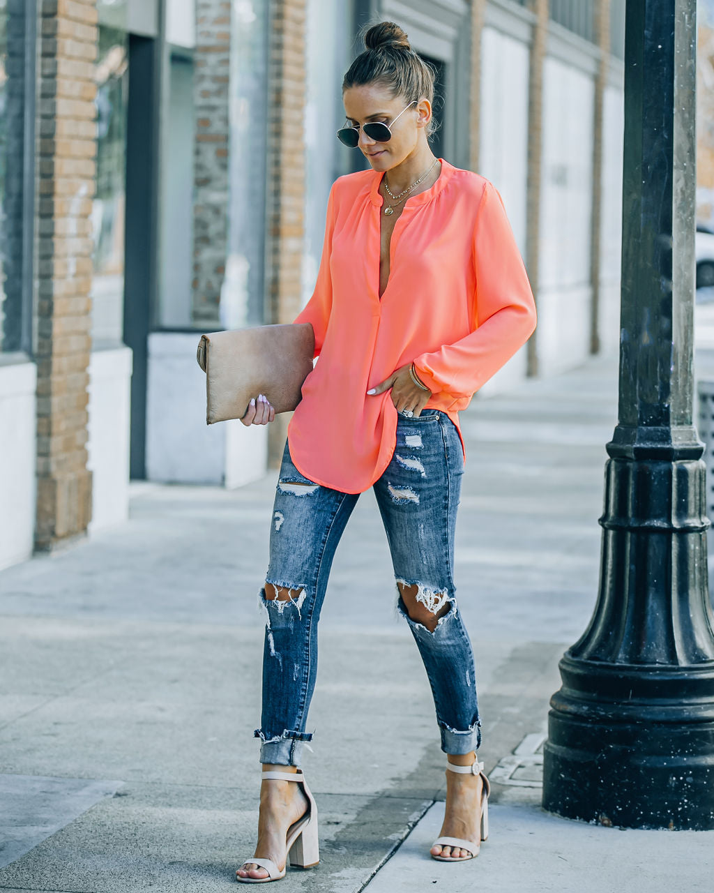 To The Fullest Split Neck Blouse - Coral