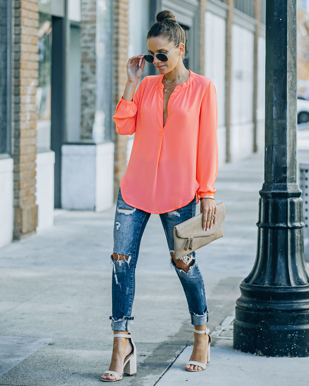 To The Fullest Split Neck Blouse - Coral