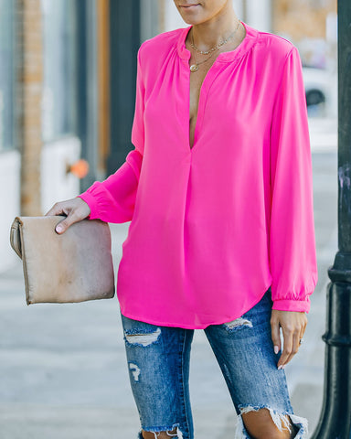 To The Fullest Split Neck Blouse - Hot Pink