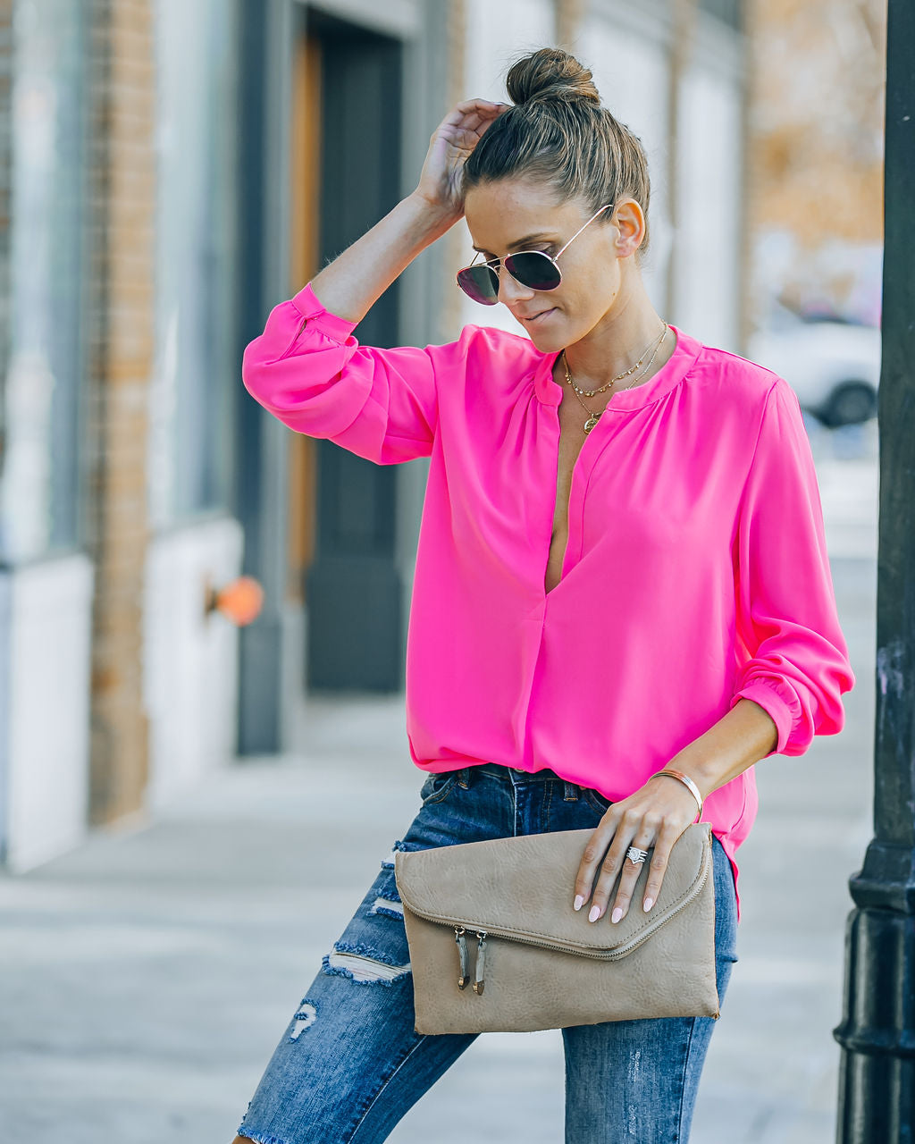 To The Fullest Split Neck Blouse - Hot Pink