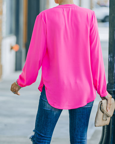 To The Fullest Split Neck Blouse - Hot Pink