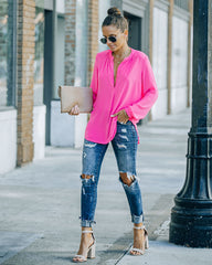 To The Fullest Split Neck Blouse - Hot Pink