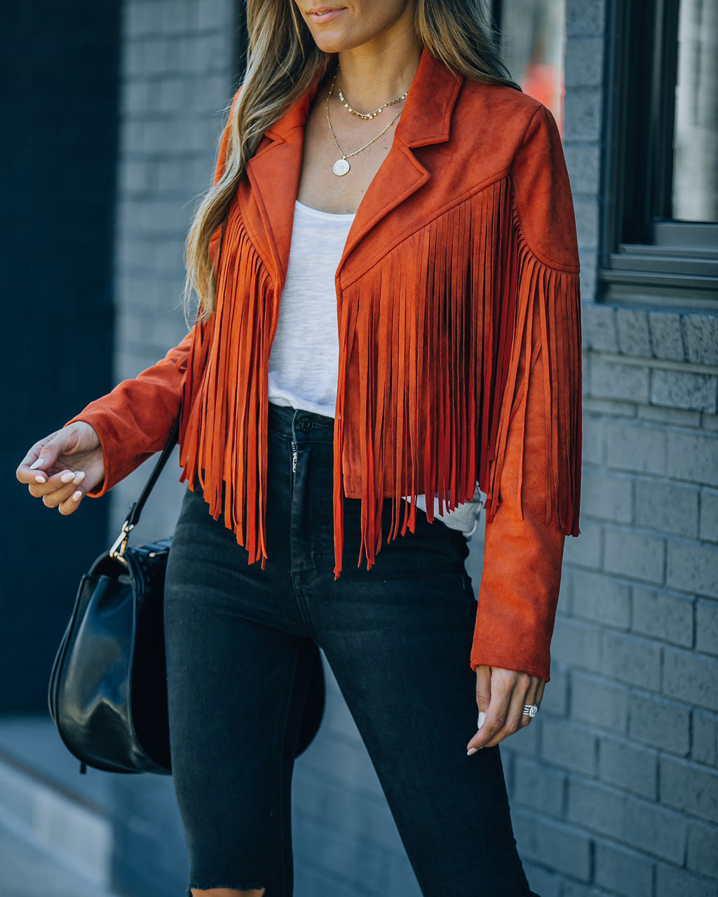 Walford Cropped Fringe Faux Suede Jacket - Rust