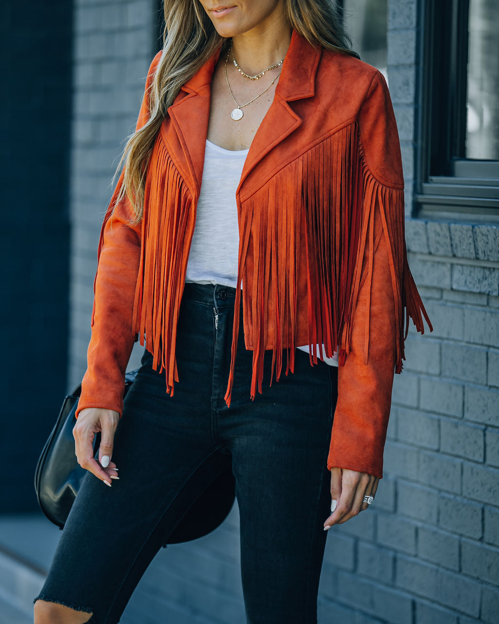 Walford Cropped Fringe Faux Suede Jacket - Rust