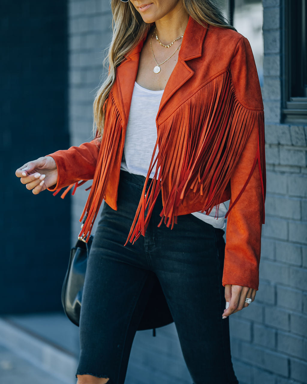 Walford Cropped Fringe Faux Suede Jacket - Rust