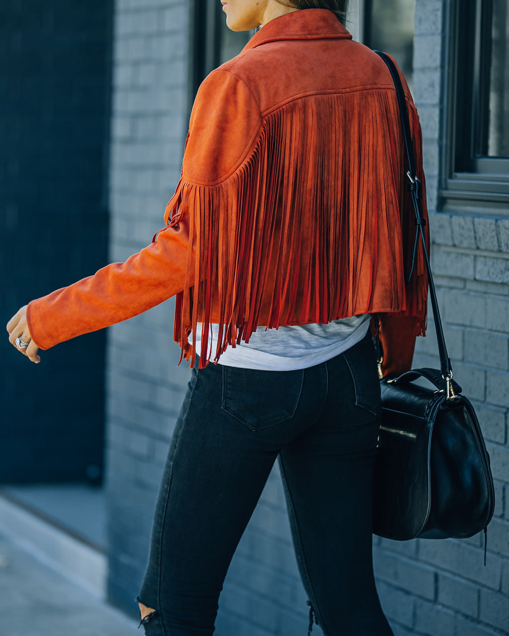 Walford Cropped Fringe Faux Suede Jacket - Rust