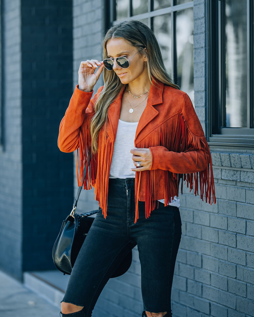 Walford Cropped Fringe Faux Suede Jacket - Rust