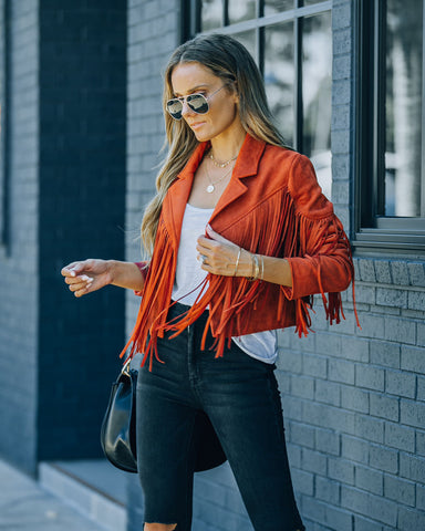 Walford Cropped Fringe Faux Suede Jacket - Rust