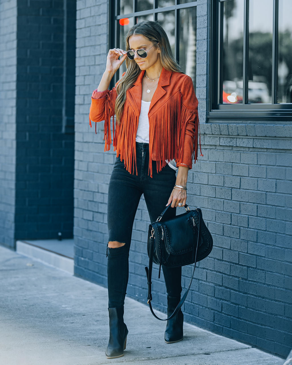 Walford Cropped Fringe Faux Suede Jacket - Rust