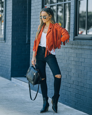 Walford Cropped Fringe Faux Suede Jacket - Rust