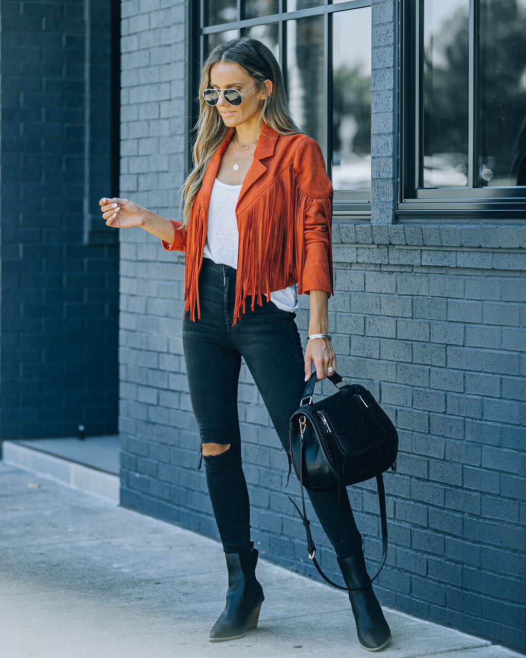 Walford Cropped Fringe Faux Suede Jacket - Rust