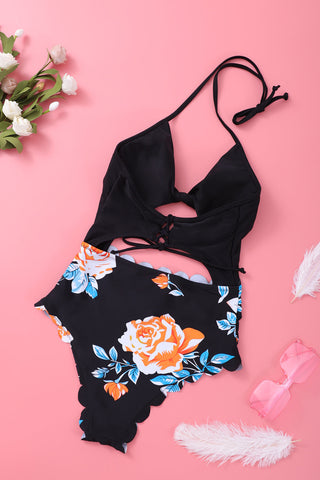 Black Floral Print Halter Cut Out One-piece Swimsuit