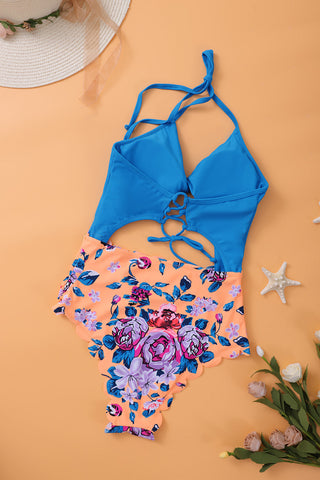 Blue Orange Floral Print Halter One-piece Swimsuit