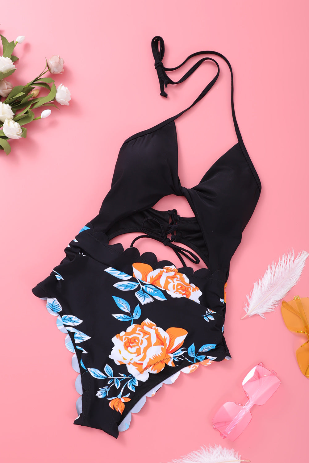 Black Floral Print Halter Cut Out One-piece Swimsuit