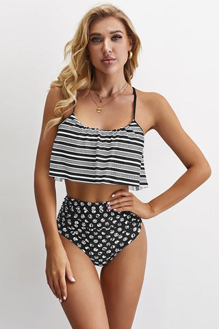 Glowing Striped Flounced Top and Bottom High Waist Swimwear