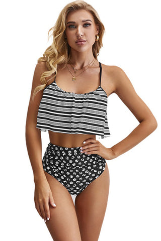 Glowing Striped Flounced Top and Bottom High Waist Swimwear