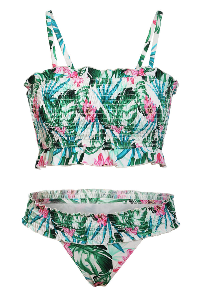 Green Cute Floral Patterned Smocked Bikini Set – Orro Shop