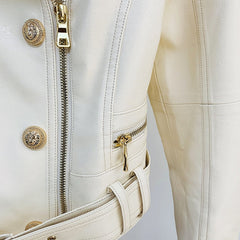 Edgy Vegan Leather Biker Jacket with Gold Buttons