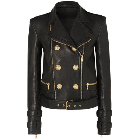 Edgy Vegan Leather Biker Jacket with Gold Buttons