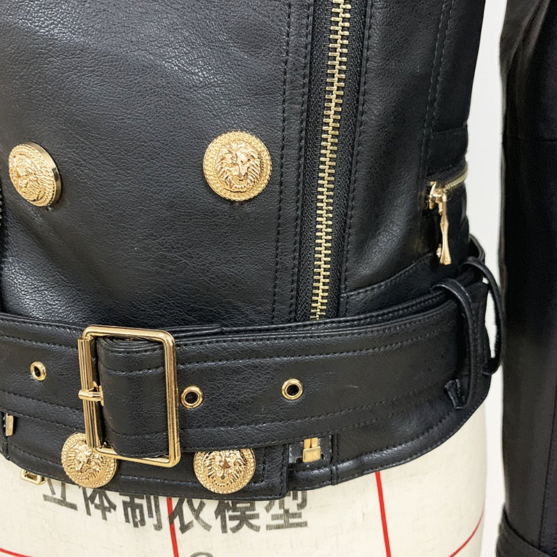 Edgy Vegan Leather Biker Jacket with Gold Buttons