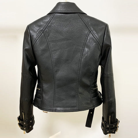 Edgy Vegan Leather Biker Jacket with Gold Buttons