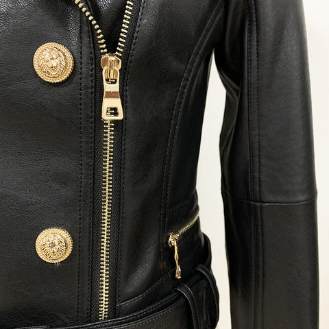 Edgy Vegan Leather Biker Jacket with Gold Buttons