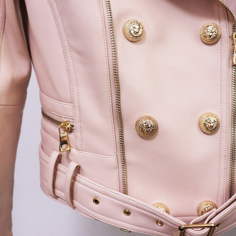 Edgy Vegan Leather Biker Jacket with Gold Buttons