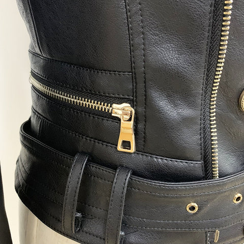 Edgy Vegan Leather Biker Jacket with Gold Buttons