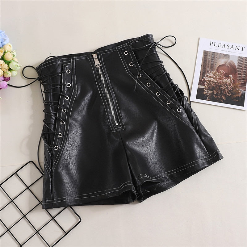 Vegan Leather Tie High Waist Shorts