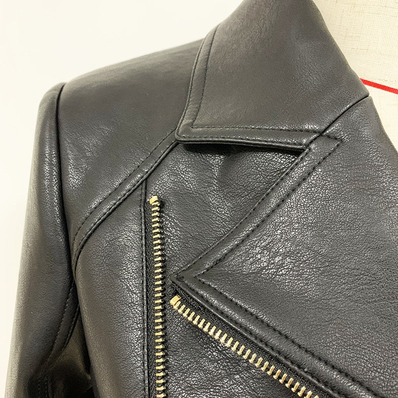 Edgy Vegan Leather Biker Jacket with Gold Buttons