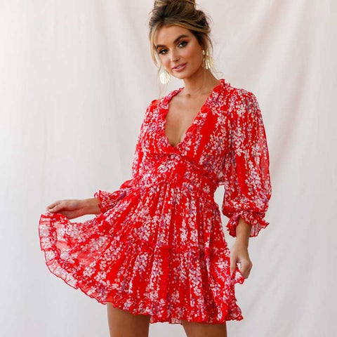 Boho Floral Print Ruffle Dress