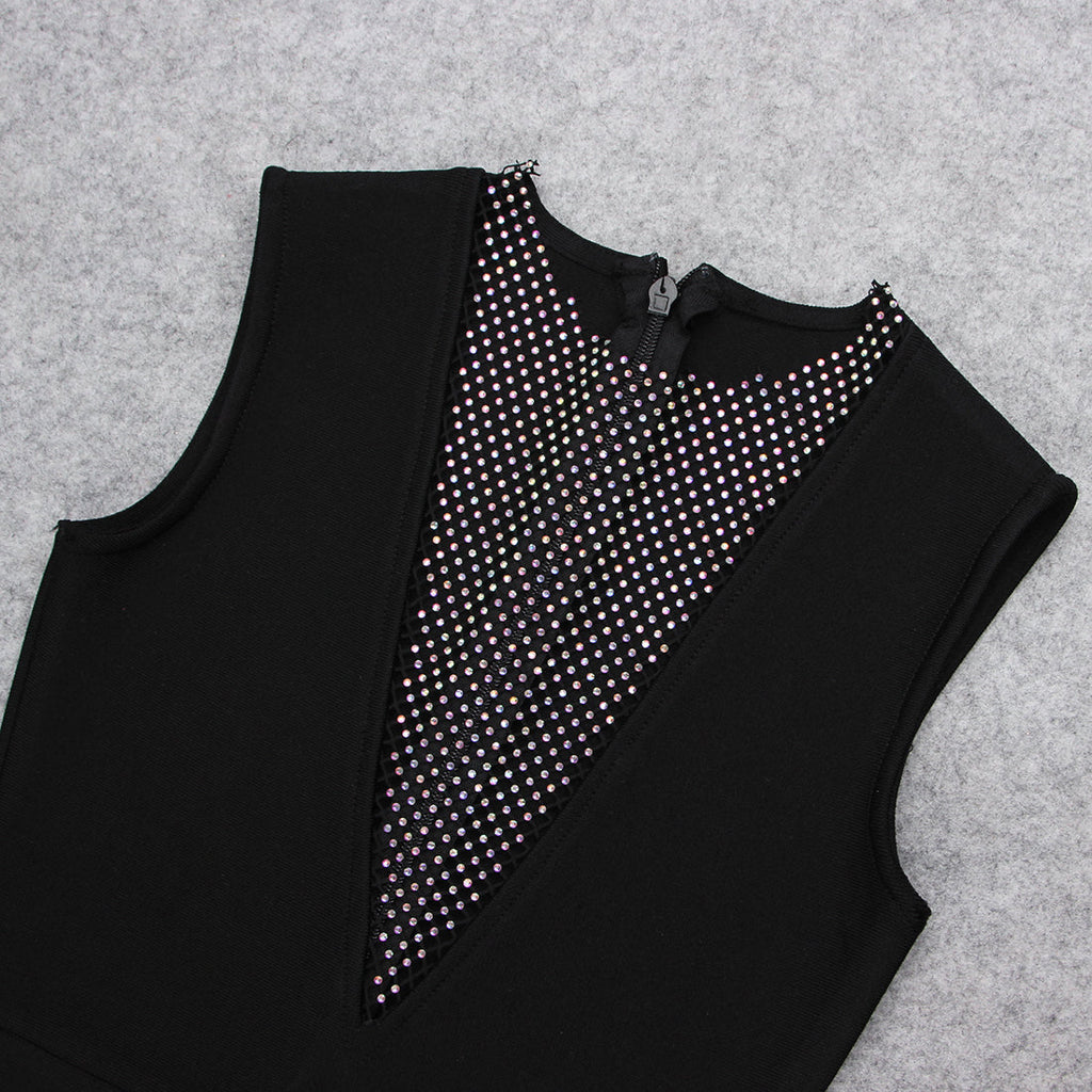 VC Black & Pink Sexy Strapless Hollow Out Diamond High Slit Shinning Rhinestones Bandage Long Dress Bodycon Celebrity Dress