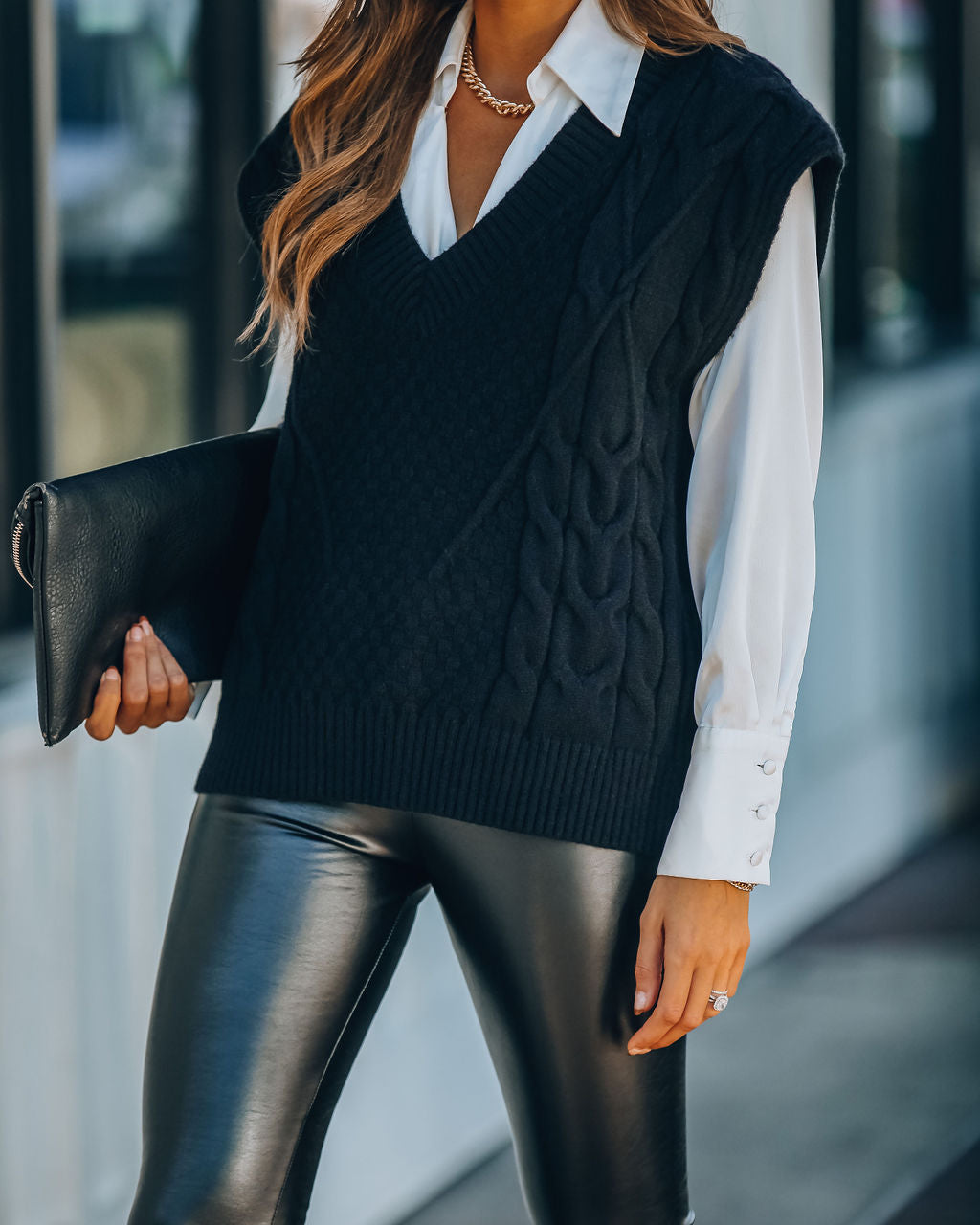 Winnie Cable Knit Sweater Vest - Black