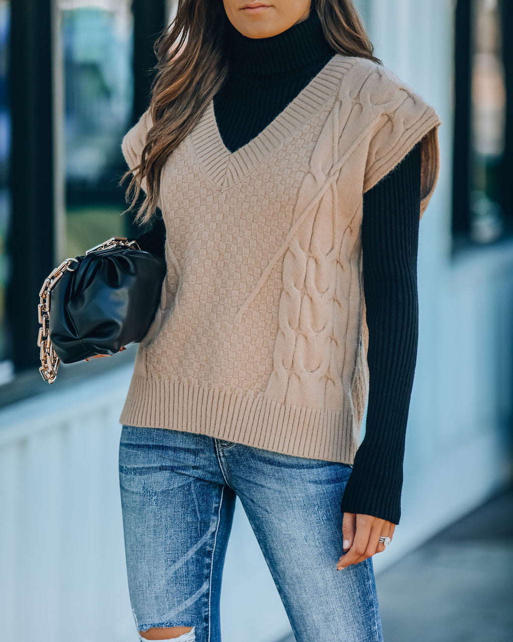 Winnie Cable Knit Sweater Vest - Light Camel