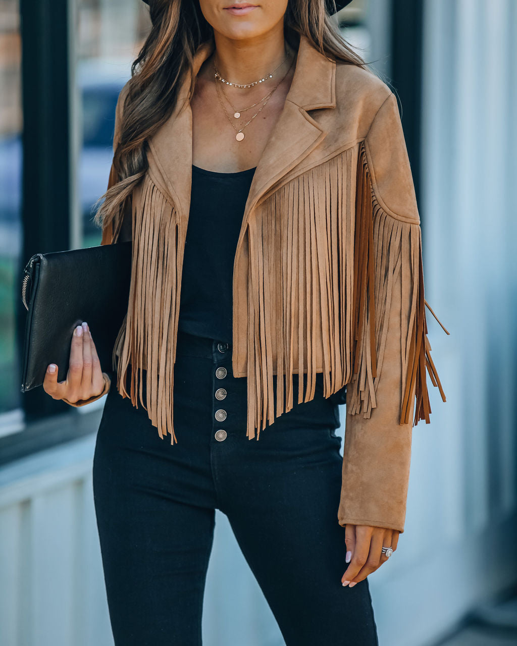 Walford Cropped Fringe Faux Suede Jacket - Camel