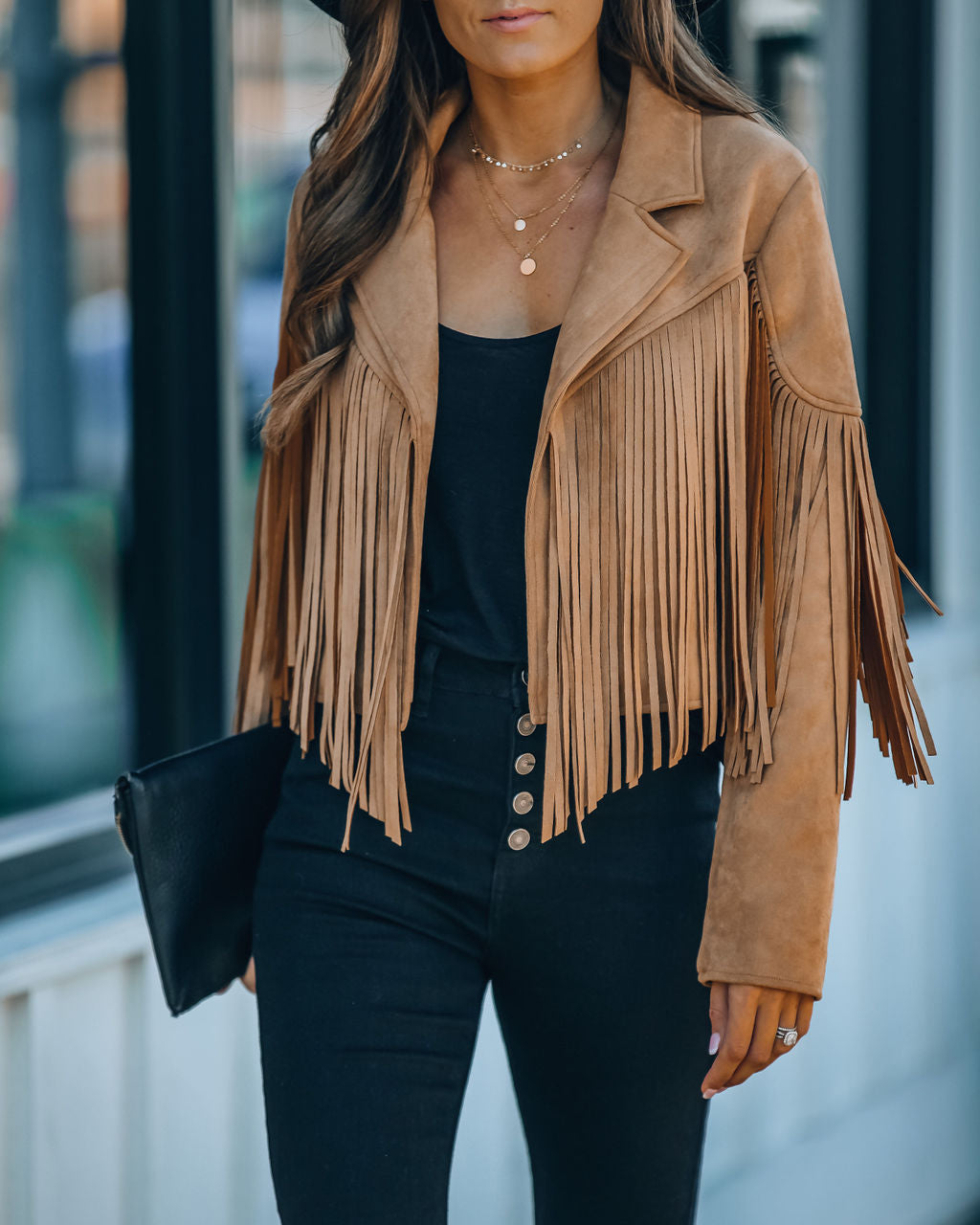 Walford Cropped Fringe Faux Suede Jacket - Camel